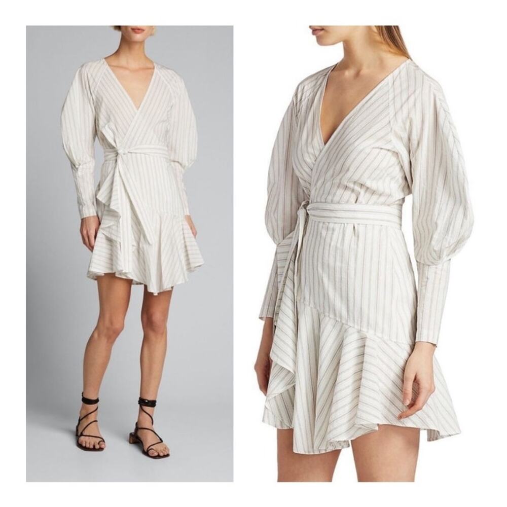 NEW A.L.C Enzo Puff Sleeve Wrap Dress Size 4 White Striped Tie Front Luxury